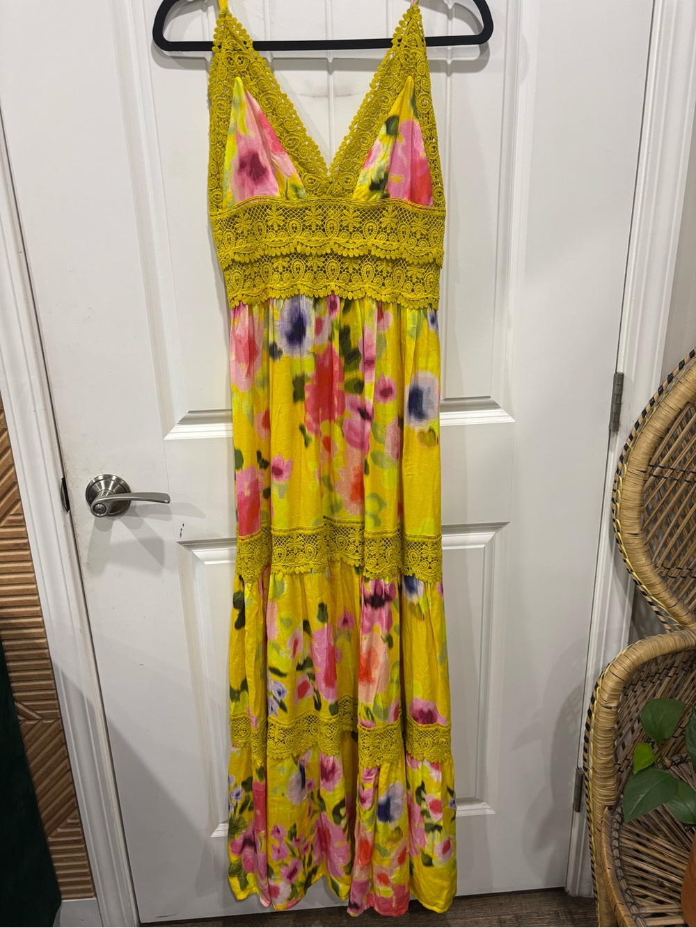 PQ Swim Yellow Floral Lace-Trim Maxi Dress with Pink & Purple Accents